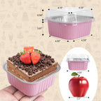 50 Pcs Mini Square Baking Cups with Lids,10oz Aluminum Foil Mini Cake Pans with Lids,Disposable Ramekins Cake Pans,300ml Dessert Cups Cupcake Pans for Wedding Birthday Party,Pink
