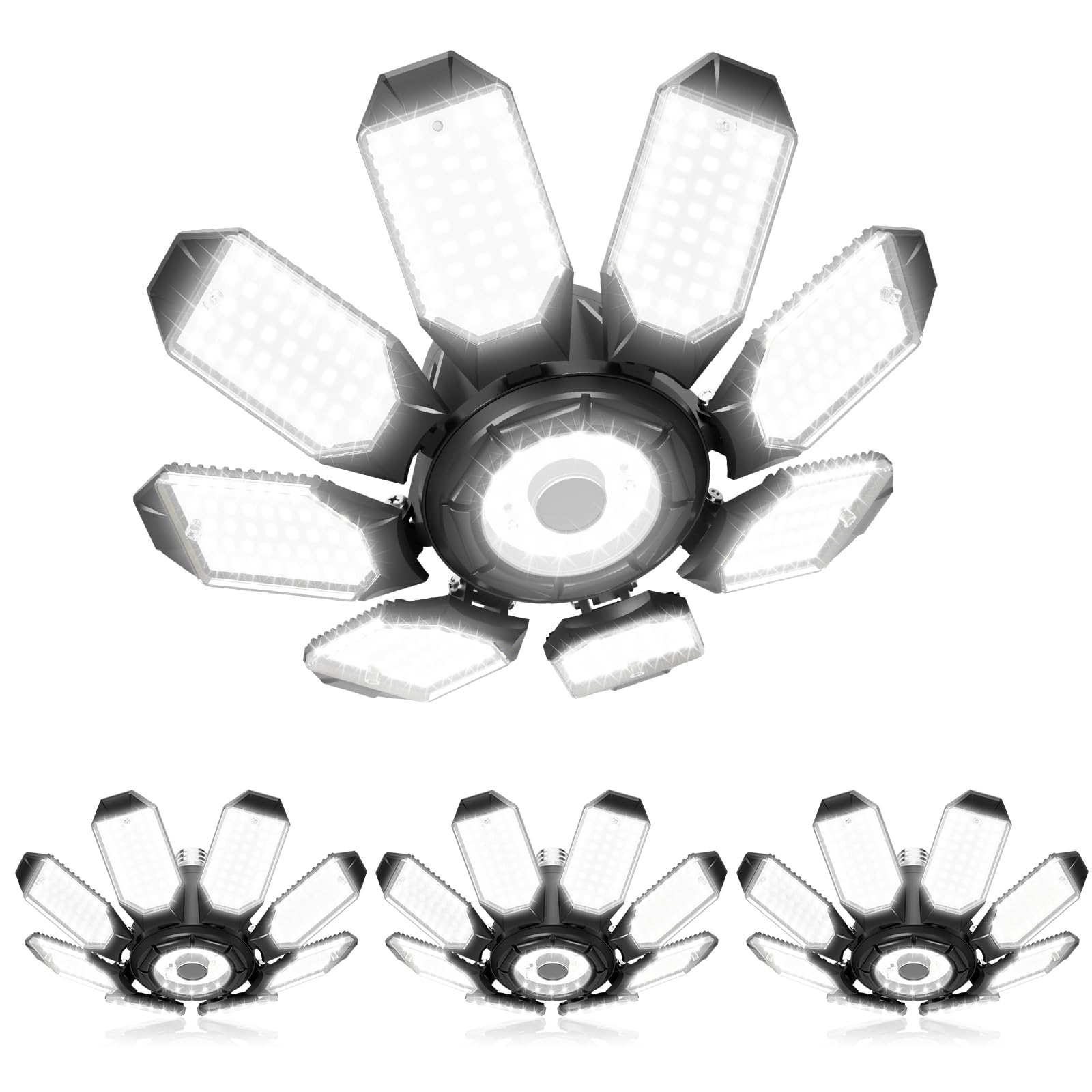 Adiding LED Garage Ceiling Lights 56000Lm 4 Pack w/ 8 Adjustable Panels, Super Bright Deformable Basement Lighting Fixture Screw in E26 Bulb Socket for Indoor Workshop, Attic, Storage, Bay, Home Gym