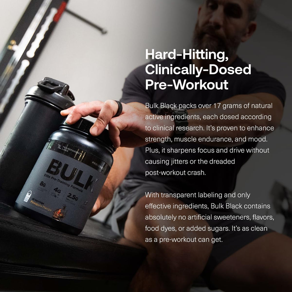 Transparent Labs Bulk Black Pre Workout - Clinically Dosed, Naturally Sweetened Preworkout for Men and Women with Beta Alanine Powder, Citrulline Malate, & Caffeine- 30 Servings, Blue Raspberry