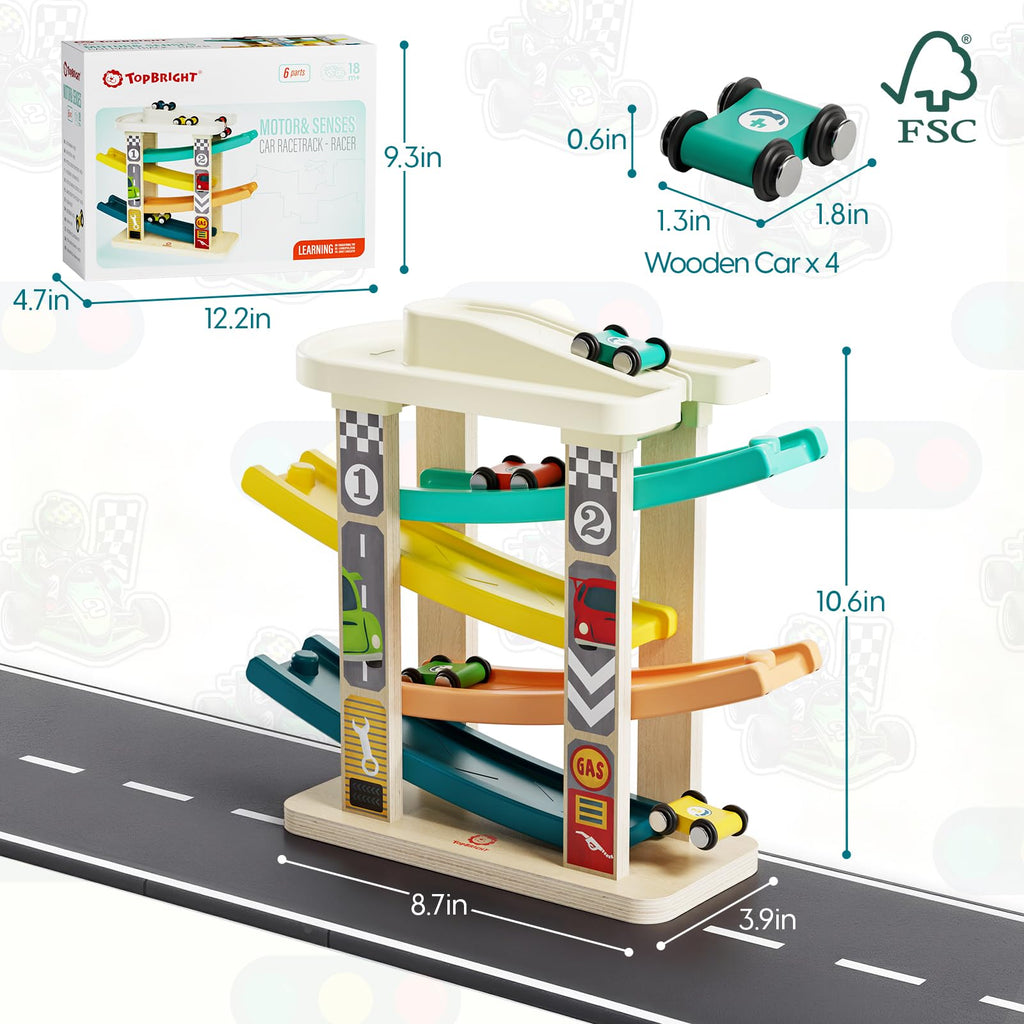 TOP BRIGHT Toddler Toys for 2 Year Old Boy, Wooden Car Ramp Race Track Set