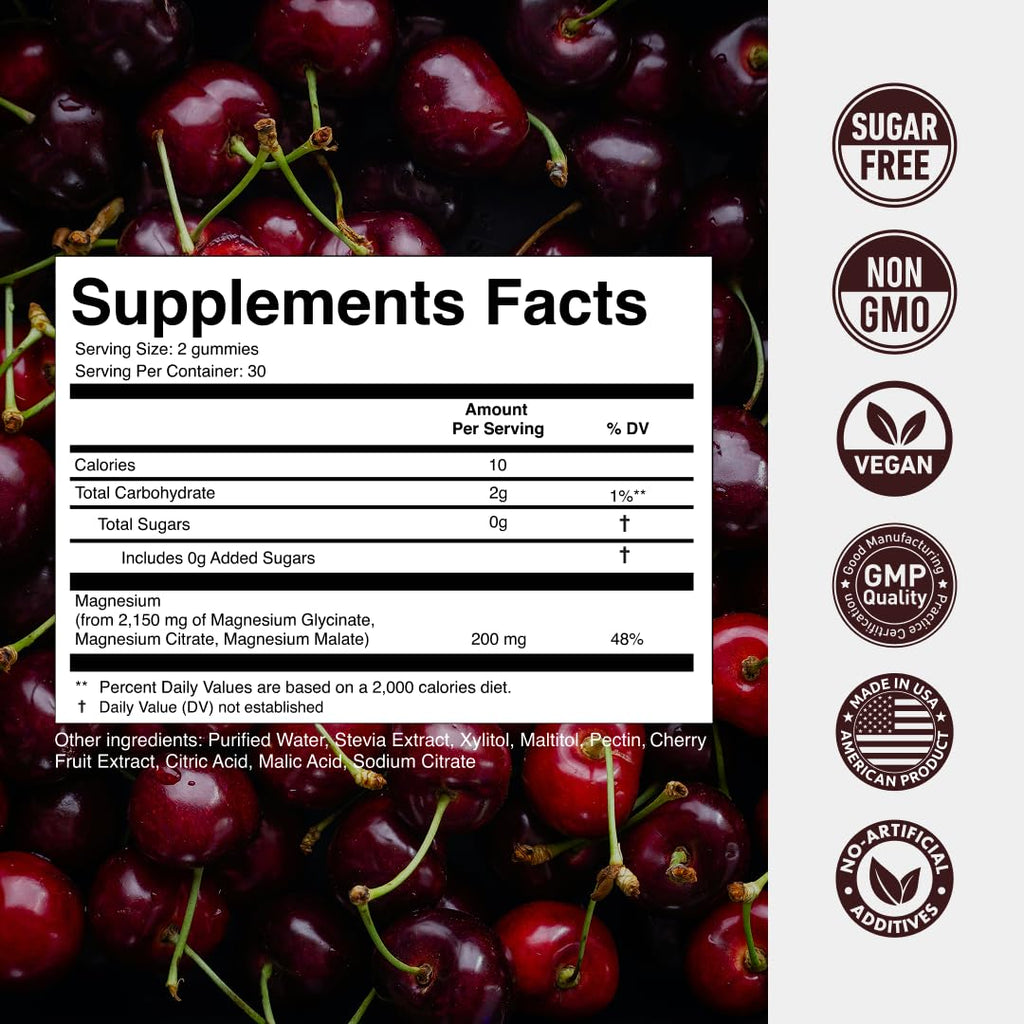 Magnesium Gummies 3in1 - Glycinate, Citrat, Malate 2150 MG High Absorption Supplement, Sugar-Free, Vegan, Chews for Men & Women, Inspired by Wellness Traditions Like Arjuna, 60 Gummies, Cherry Flavor