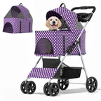 MoNiBloom 3 in 1 Foldable Pet Stroller for Small & Medium Dogs, Detachable Carrier, Car Seat, Push Button Entry, 4-Wheel Jogger for Pets up to 33 lbs, Purple Polka Dots