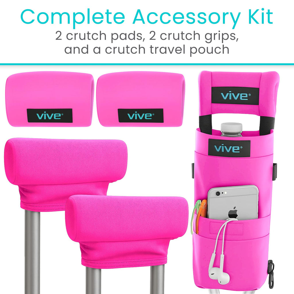Vive Premium Crutch Pads, Bag, & Hand Grips (5 PCS) - Crutches for Adults Armpit Padding, Hand Grips, Accessories Pouch - Soft Tips Medical Padded Handles for Kids, Men, Women - Lightweight (Pink)