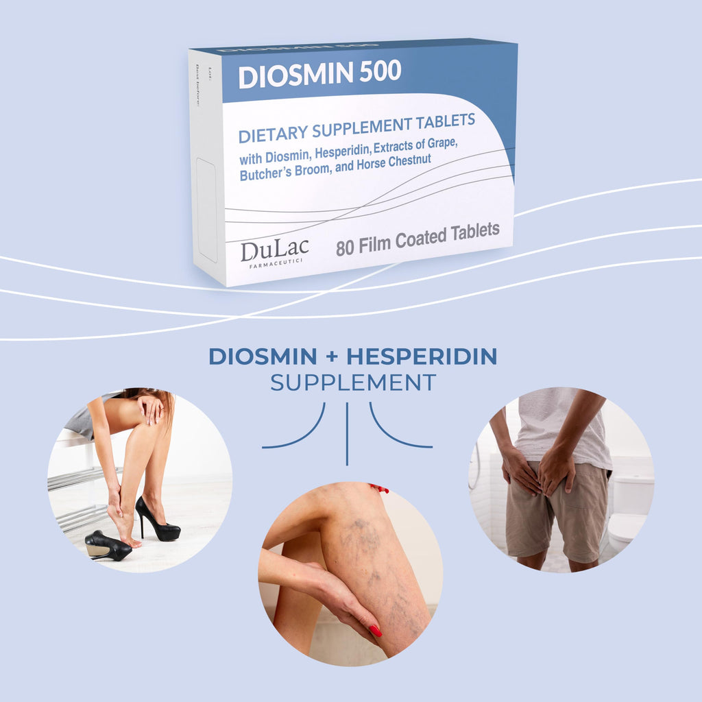 Dulac Diosmin 500, Micronized Diosmin Hesperidin Dietary Supplement 1000mg per serving, Horse Chestnut Extract, Butcher’s Broom & Red Grape Extract, Leg Circulation Support, 80 Tablets, Made in Italy