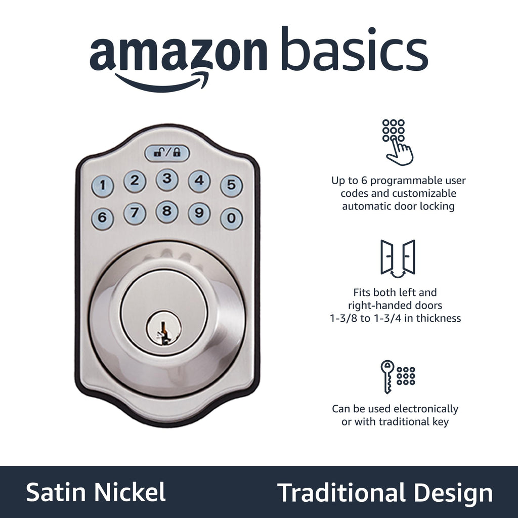 Amazon Basics Electronic Keypad Deadbolt Door Lock with Auto Lock, Customizable User Codes, One-time Codes, Touch-Control Keyless Entry, Traditional, Satin Nickel, 1-Pack