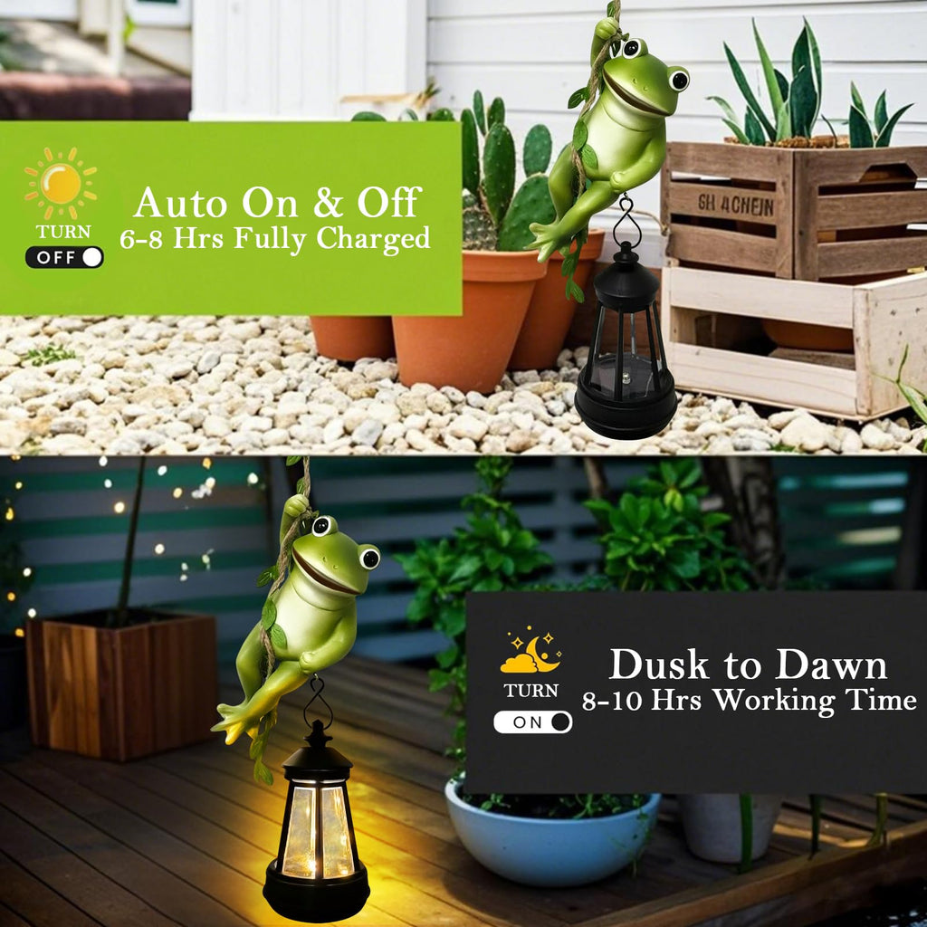 Solar Frogs Outdoor Garden Statues, Christmas Hanging Climbing Rope Frog on a Vine with Lantern Tree Hugger Figurine Lights for Outside Yard Art Sculptures Porch Balcony Wall Decor, Funny Gifts