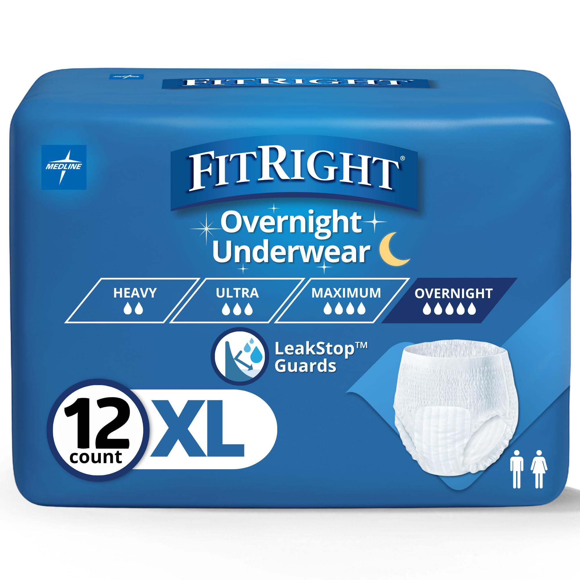 FitRight Overnight Unisex Extra Large Underwear, (56-68 in Waist) 12 Count, Maximum All Night Disposable Incontinence Protection, Pull-On Absorbent Underwear for Men and Women, 1 Bag