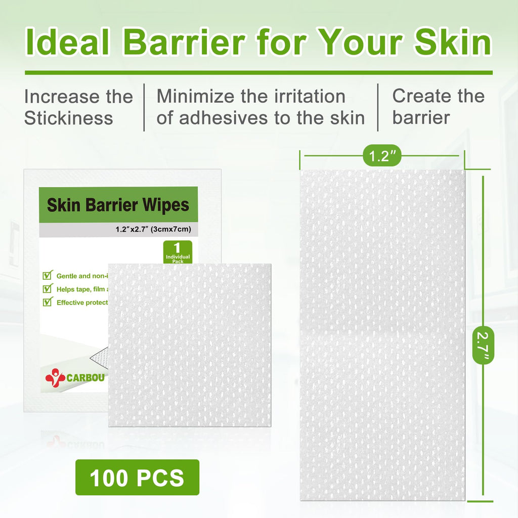 Carbou Skin Barrier Wipes - 100Pcs Skin Prep Wipes - Skin Adhesive Wipes to Create the Barrier Film Between Skin and Attachments, Ostomy Protective Wipes to Increase the Adhesive