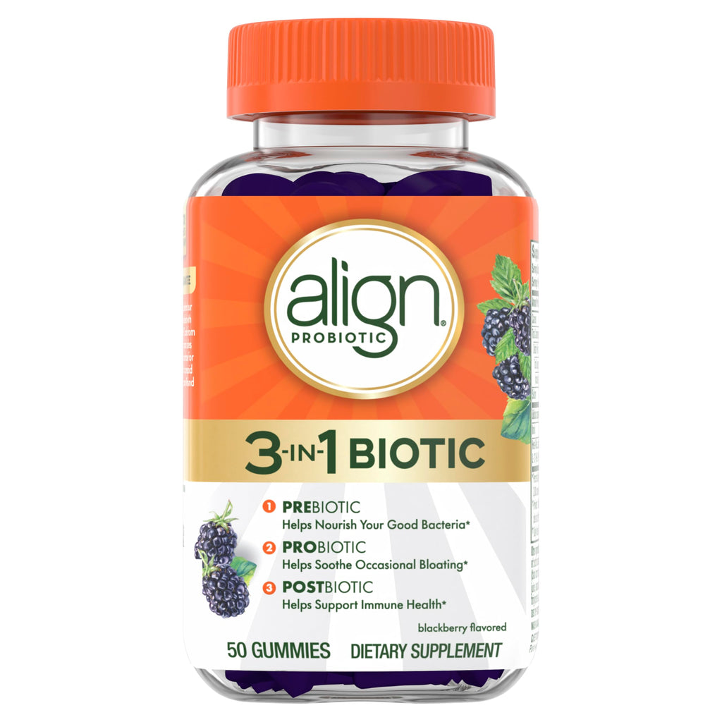 Align Probiotic, 3-in-1 Biotic Gummies, Prebiotic + Probiotic + Postbiotic, #1 Doctor Recommended Probiotic Brand‡, Helps Relieve Occasional Bloating*, BlackBerry Flavor, 50 Gummies