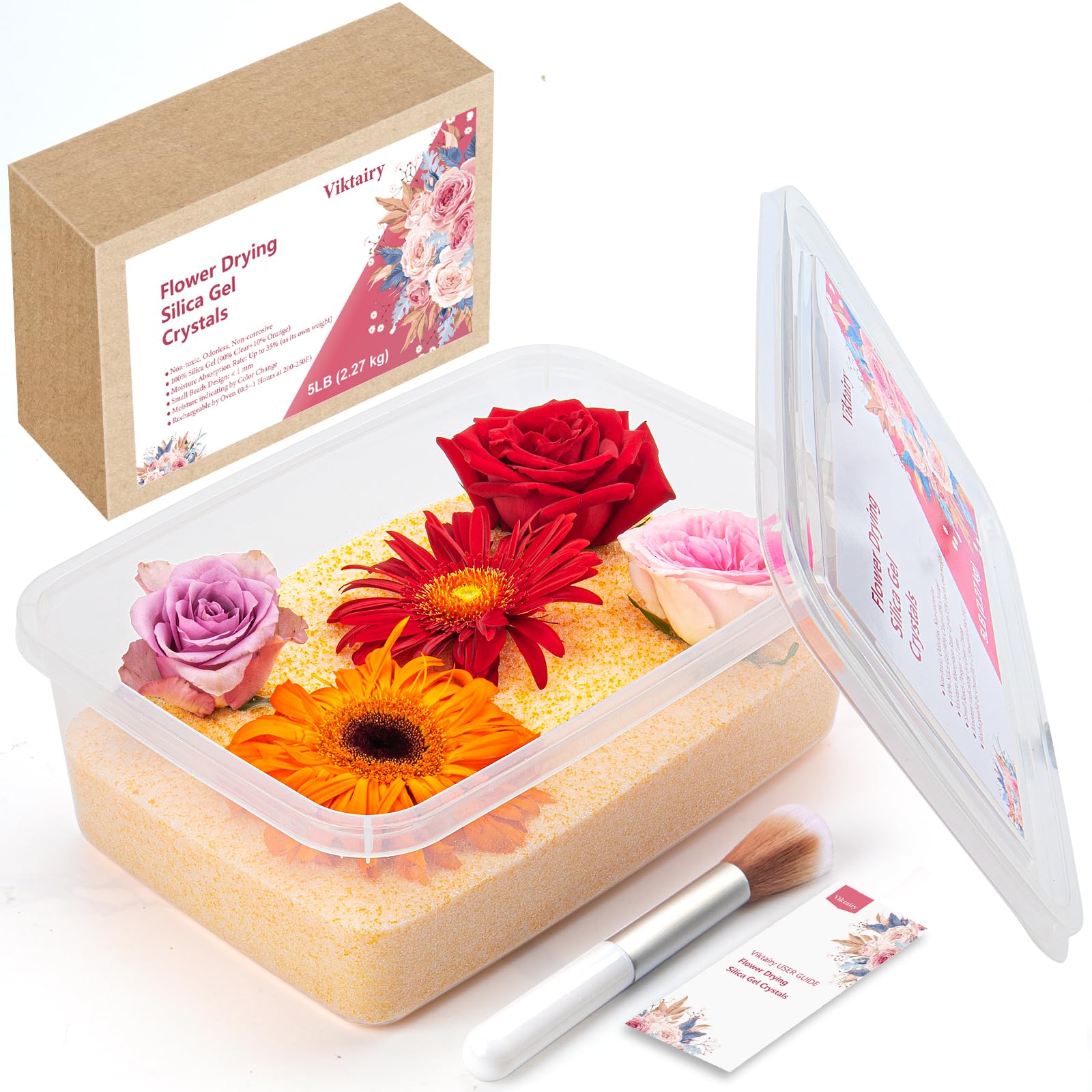 Silica Gel Flower Drying Crystals 5LBS, Reusable Color Indicating Flower Drying Silica with Airtight Container and Brush, DIY Wedding Bouquet Flower Preservation Kit, Fine Bead Size<1mm