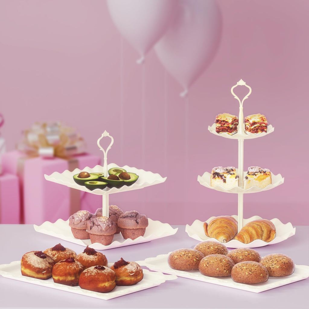10 Pack Cake Stand Set with 3 x Two-Tier and 3 x Three-Tier Cupcake Stands, Plastic Dessert Table Stand Set 3 Tired Cookie Tray and 4 Pcs Dessert Trays