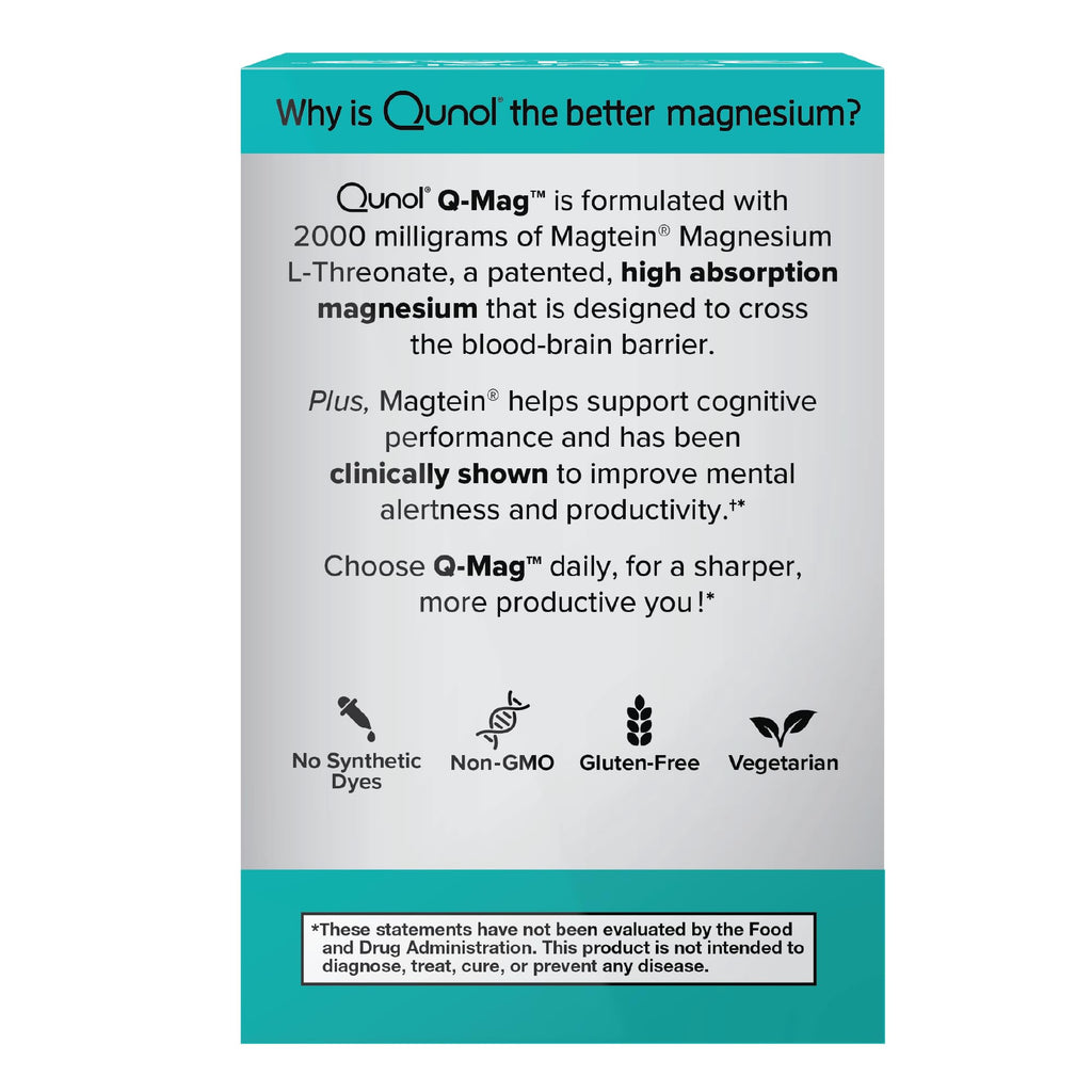 Qunol Q-Mag Magnesium L-Threonate Tablets, 2000mg of Magtein to Help Support Cognitive Performance, Improve Mental Alertness & Productivity, Supports Restful Sleep, High Absorption, 60 Count