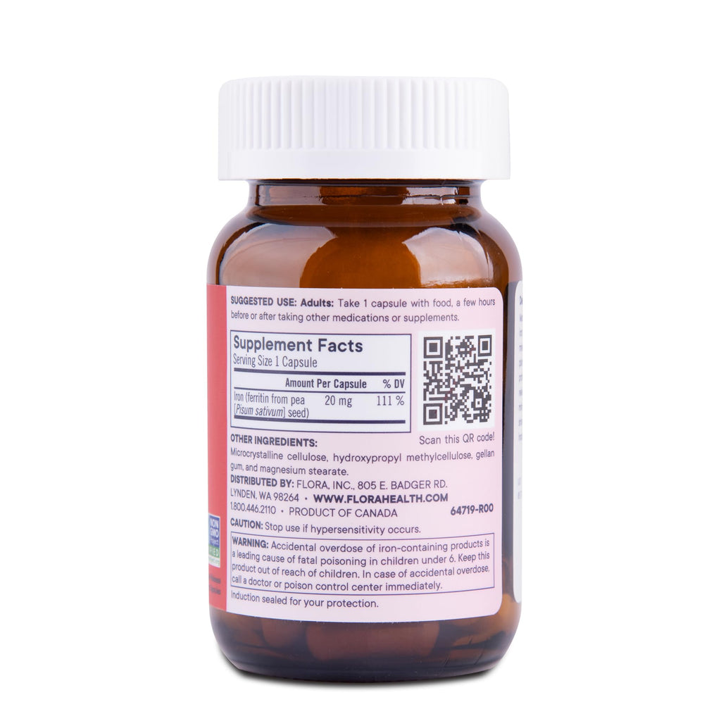 Flora Ferritin+ Delayed-Release Iron Supplement - Plant-Based Iron Supplement - Blood Cell & Energy Support - Vegan & Gluten-Free - Amber Glass Bottle - 60 Vegan Capsules