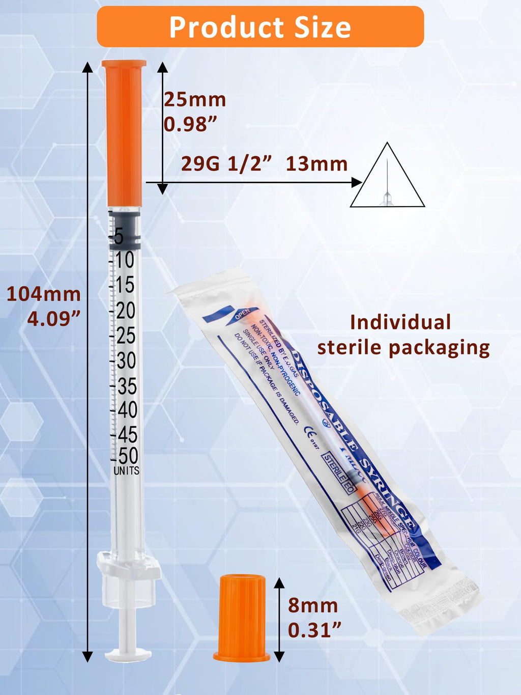 100 Pack 0.5ml Disposable Syringe, 32G 0.5cc 1/2 Inch (13mm) Lab Supplies Syringes, Individually Wrapped