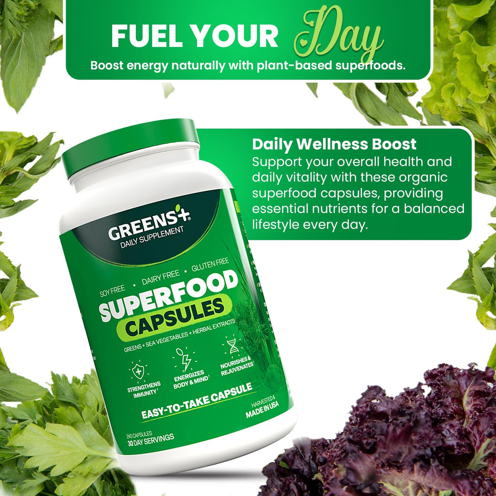 Greens+ Organic Superfood Capsules, Organic Spirulina and Chlorella, with Alfalfa & Wheat Grass, Vitamins & Minerals Supplements, Gluten-Free, Vegan, Non-GMO, 240 Count