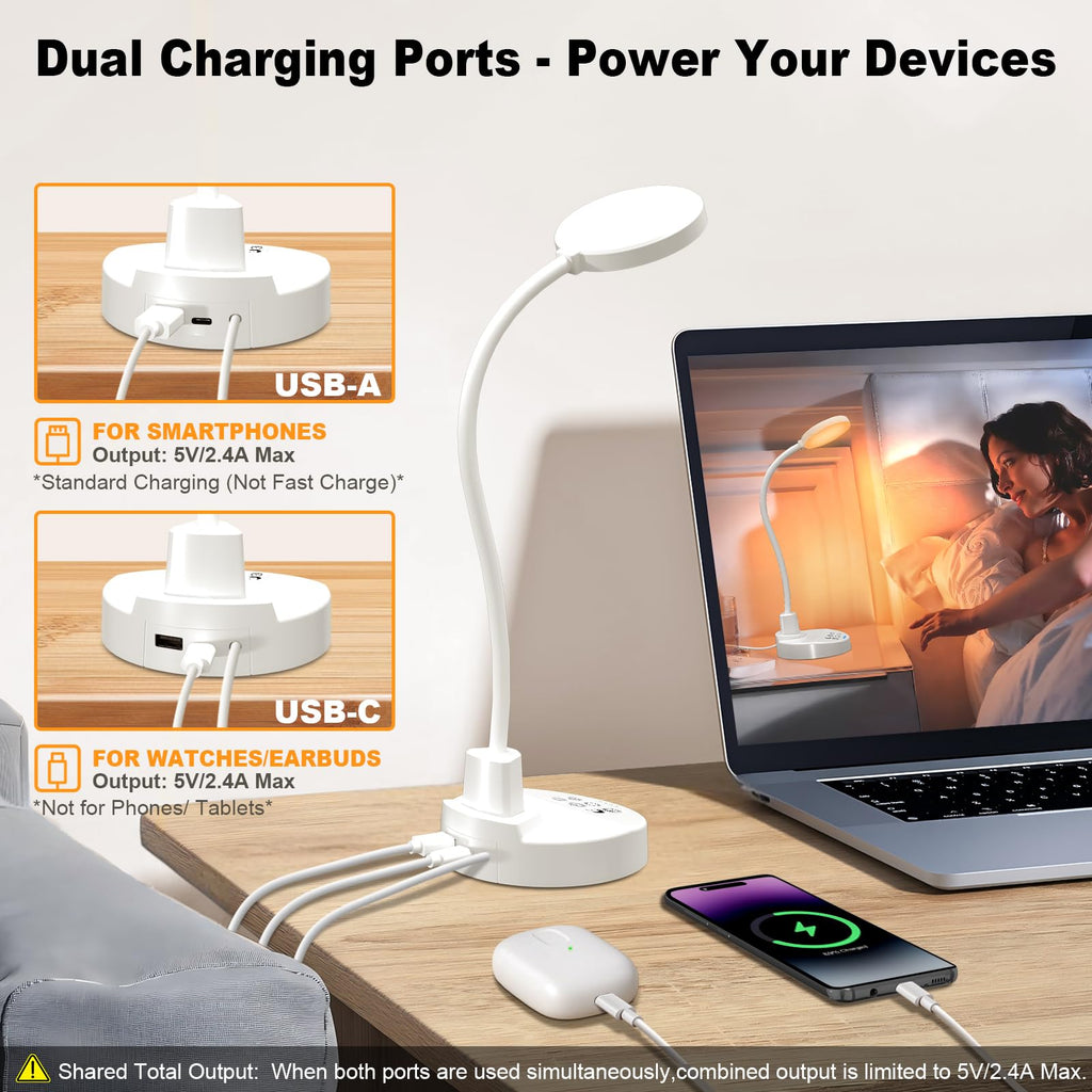 15W LED Desk Lamp with USB Charging Ports – Dimmable Table Lamp with 3 Color Temps, 5 Brightness, 4 Timers, Flexible Gooseneck Light with Base, Eye-Caring Reading Light for Home Office, Bedroom, Study