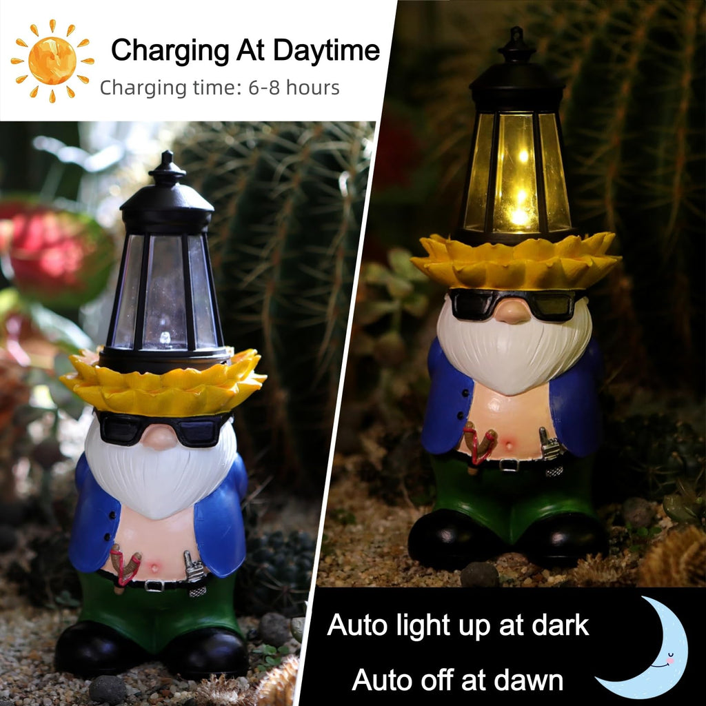Guardian Garden Gnome Statue Solar Lantern Light Resin Outdoor Yard Decor