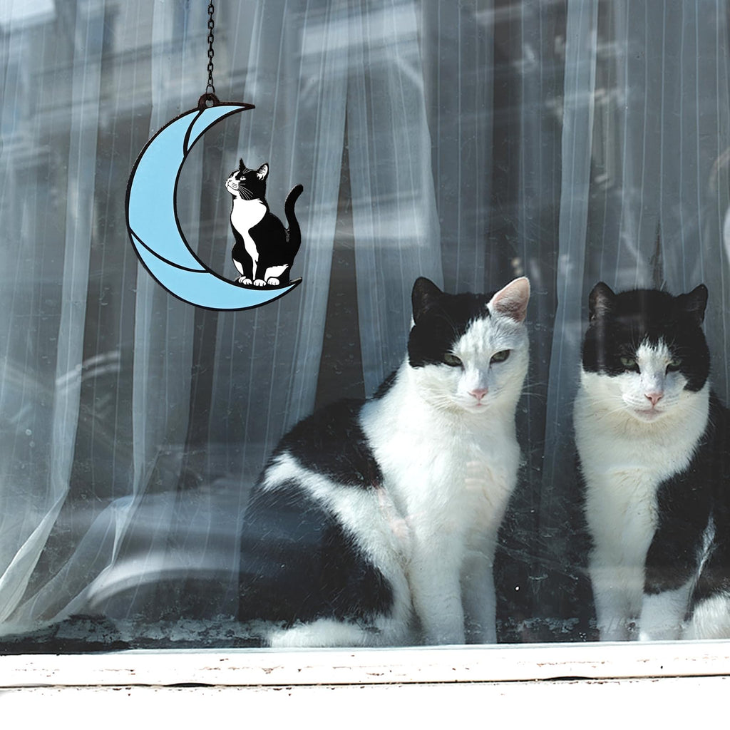 YULAIKUAI Black and White Cat Gift,Tuxedo Cat Stained Glass Art Suncatcher