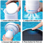 Blansong Solar Pool Chlorine Floater 2 Pack Adjustable Release Swimming Pool Chlorine Tablet Floater with Color Changing Floating Dispenser with Romote Control and Timer IP68 Waterproof