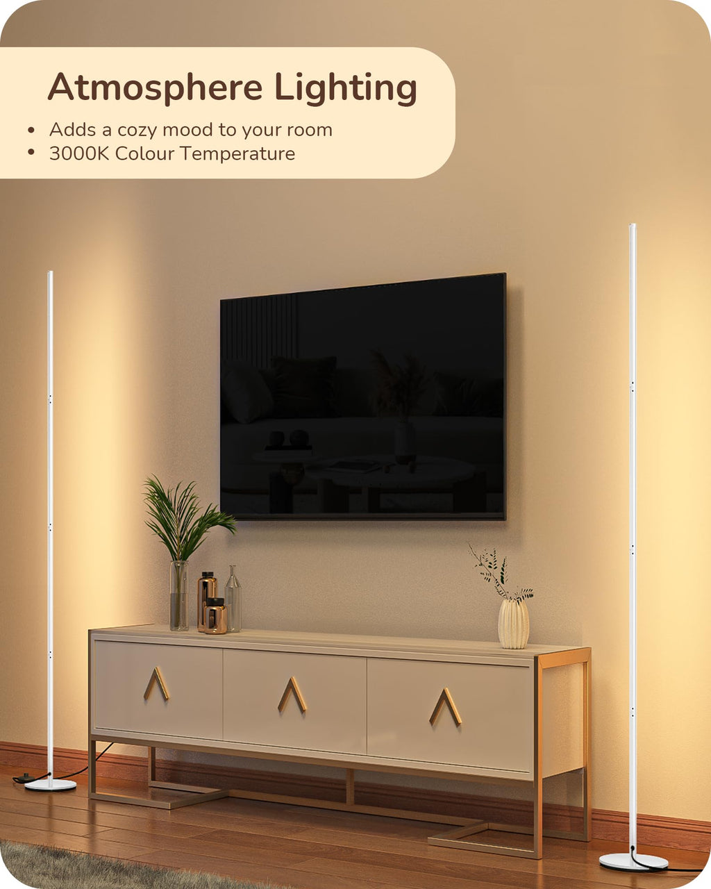 EDISHINE LED Corner Floor Lamp, 57.5" Minimalist Dimmable Sleek Light, Adjustable Height, Tall Floor Lamps for Living Room, Bedroom, Office, 3000K Warm White Light, White