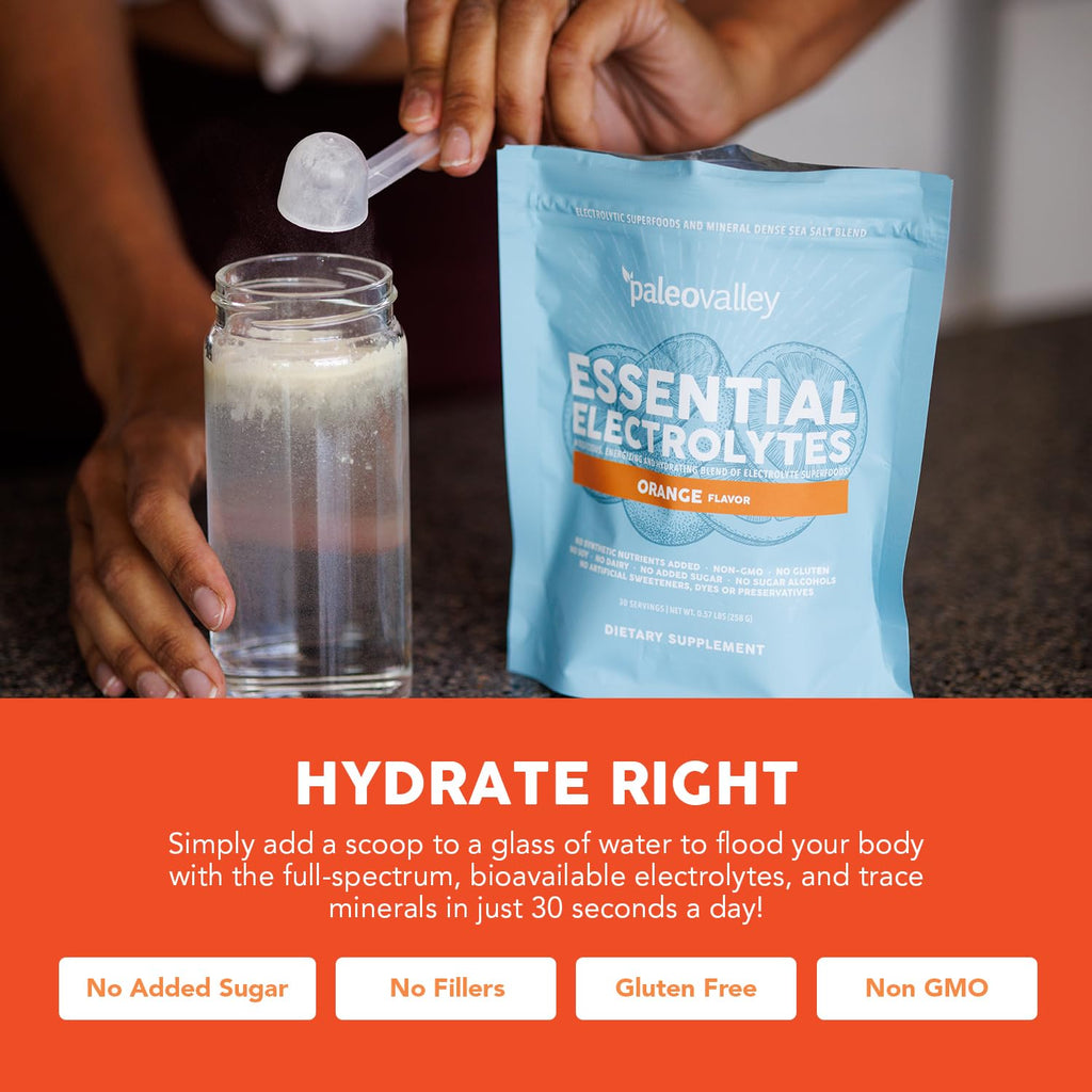 Paleovalley Essential Electrolytes Powder - Full Spectrum Orange Electrolyte Powder for Hydration, Energy and Muscle Recovery - No Sugar Added - 30 Servings