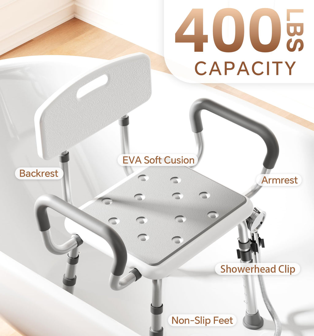 SOUNDFUSE Shower Chair for Inside Shower with Arms and Back, FSA/HSA, Height Adjustable Shower Chair for Elderly and Disabled with Enhanced Non-Slip Feet, 400 lbs Heavy Duty Shower Seat for Seniors