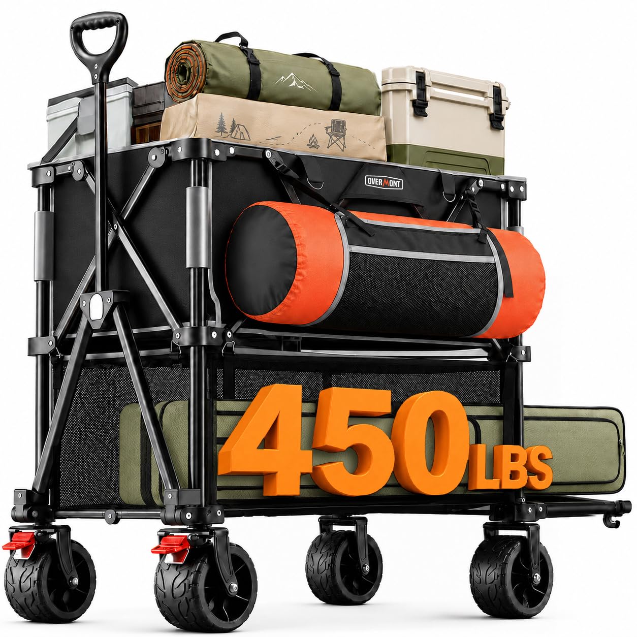 Overmont 400L Double Decker Folding Wagon, 450 lbs Heavy Duty with Brakes