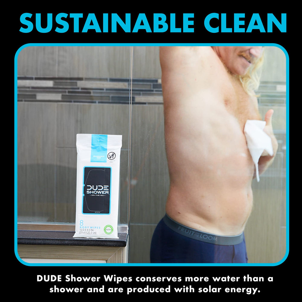 DUDE Wipes Fragrance Free On-The-Go Shower Wipes - Extra-Large and Thick Cleansing Body Wipes for Travel - 3 Packs of 8 (24 Count) - Infused with Vitamin E and Aloe