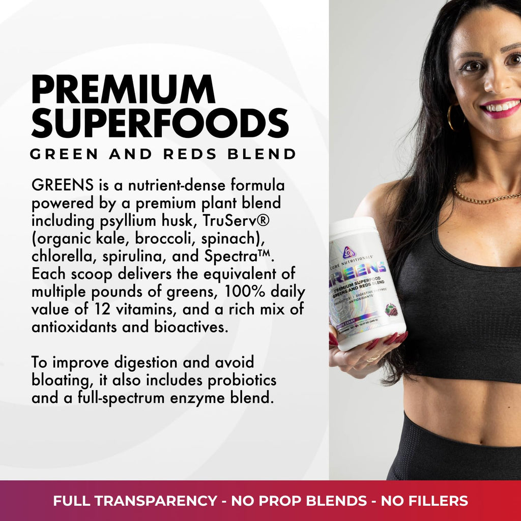 Core Nutritionals Greens | Premium Superfood Reds & Greens Blend | 5 Billion CFU Probiotics, Digestive Enzymes, & Antioxidants | 30 Servings (Berry Bliss)