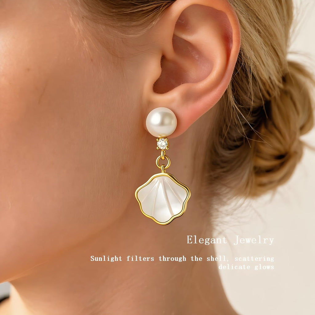 Pearl Shell Earrings for Women, 18K Gold Plated Brass Boho Drop Earrings with Freshwater Pearl & Mother of Pearl, Hypoallergenic Beach Jewelry Gifts
