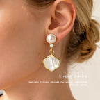 Pearl Shell Earrings for Women, 18K Gold Plated Brass Boho Drop Earrings with Freshwater Pearl & Mother of Pearl, Hypoallergenic Beach Jewelry Gifts