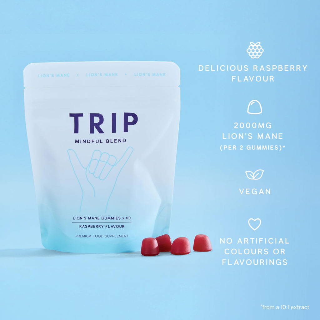 TRIP Lion’s Mane Gummies with 2000mg Lion’s Mane Mushrooms Extract Per Serving, Vegan, Naturally Flavored On the Go Chewable Gummy, Delicious Raspberry Flavor, 1 Bag, 60 Count