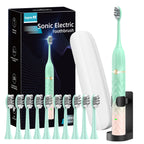 Sonic Electric Toothbrush Set, Equipped with 10 Brush Heads and Travel Case, IPX8 Waterproof, 2-Minute Timer, 42000 High-Frequency Vibrations, 5 Modes, The First Choice for Gift Giving, Green Pink