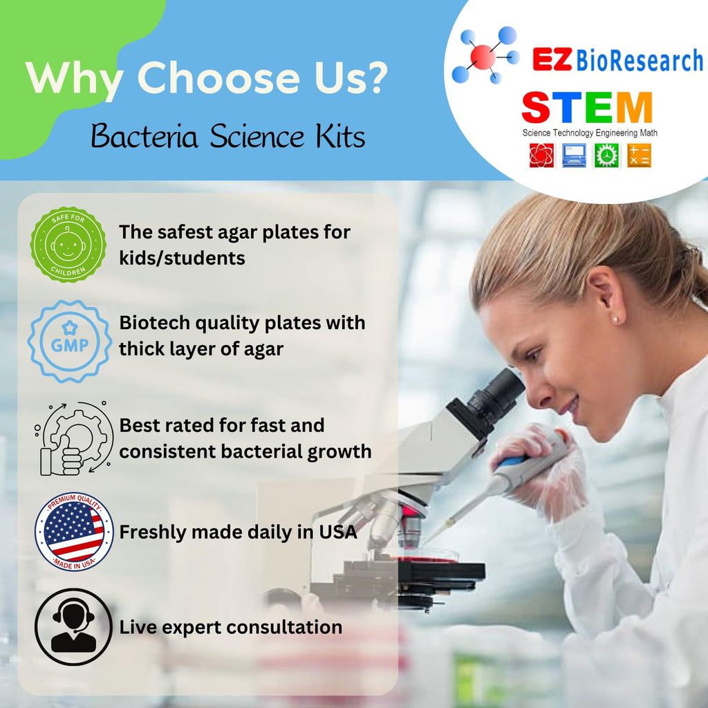 EZ BioResearch Bacteria Science Kit (IV): Top Science Fair Project Kit. Prepoured LB-Agar Plates And Cotton Swabs. Exclusive Free Science Fair Project E-Book Packed With Award Winning Experiments (IV)