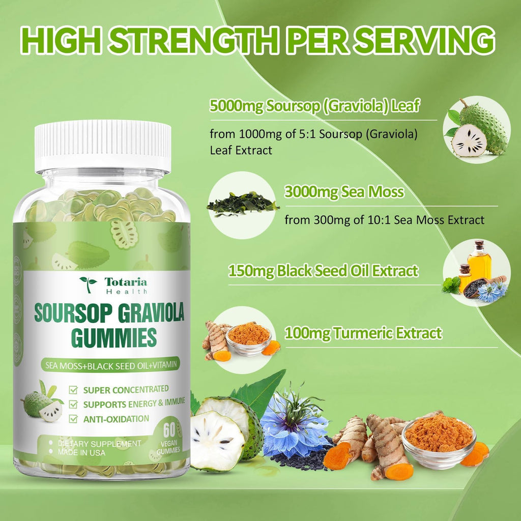 Totaria (2 Packs) Sugar Free Soursop Oil Graviola Sea Moss Gummies - Support Digestive Sleep Skin Health, Immunity & Antioxidant - Guanabana Fruit with Sea Moss, 150mg Black Seed Oil Non-GMO Vegan
