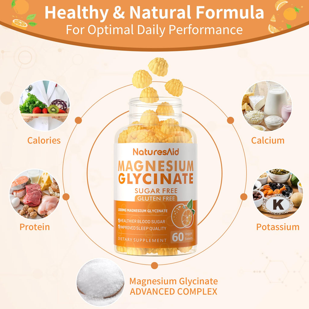 Magnesium Glycinate Gummies 1000mg - Sugar Free Magnesium Potassium Supplement with Vitamin D, B6, CoQ10 for Calm Mood & Sleep Support - 120 Orange Gummies -2 Pack