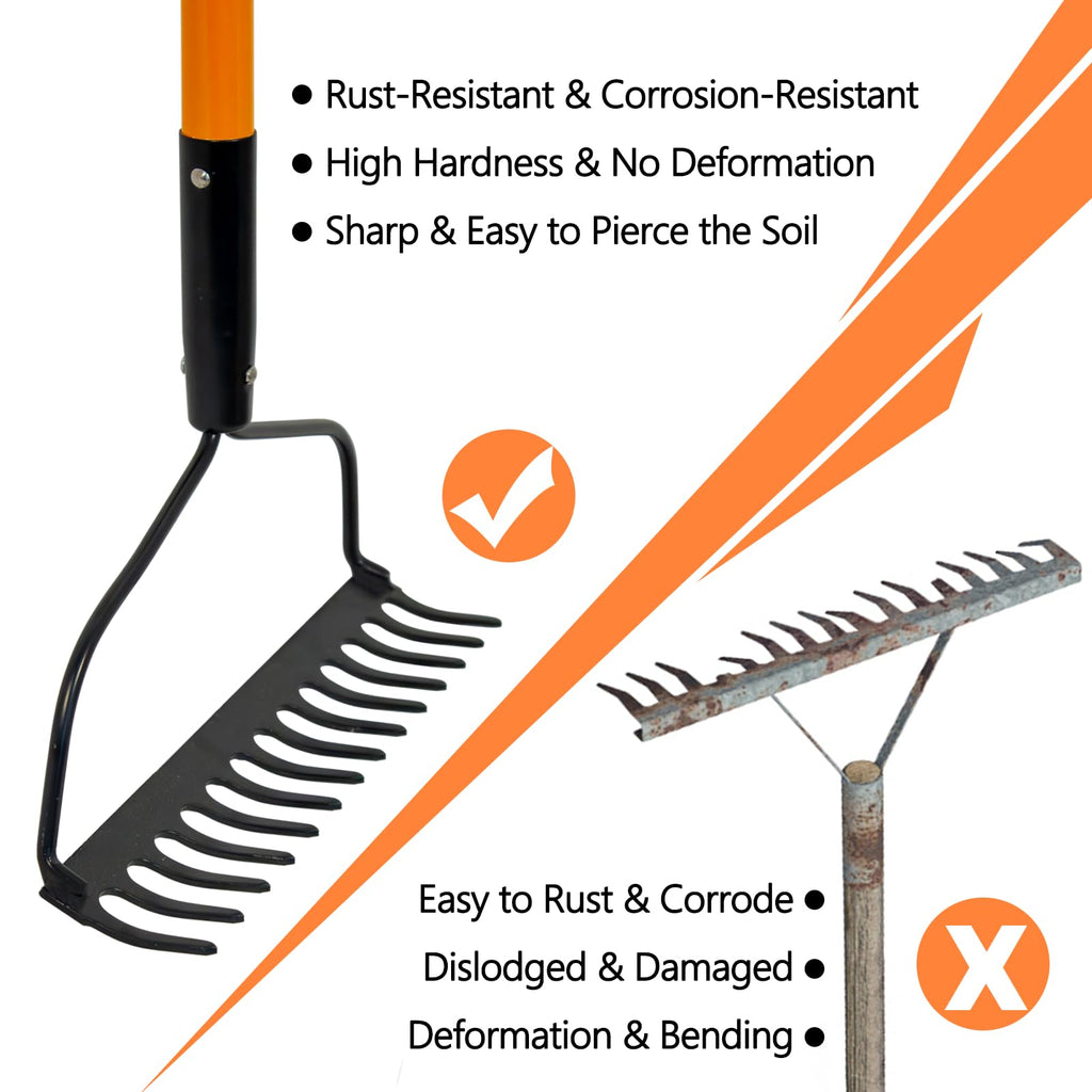 Nohovu Garden Rake - 14 Tine Heavy Duty Rake with 58 Inch Fiberglass Handle