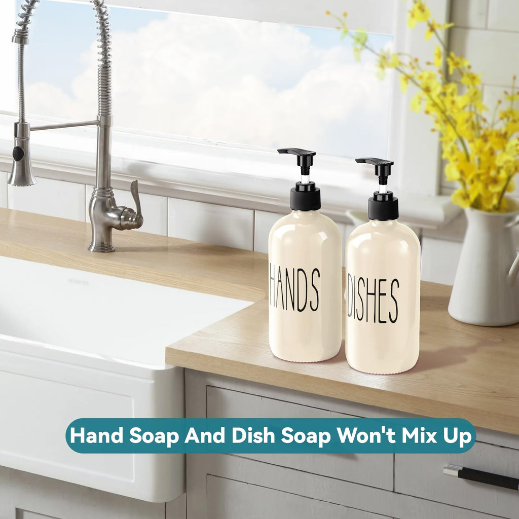 COHOSEGE Glass Soap Dispenser Set 2 Pack,16 Oz Dish Soap Dispenser for Kitchen Sink,Beige Kitchen Accessories and Kitchen Decor,Beige Decorations and Kitchen Utensils for Kitchen