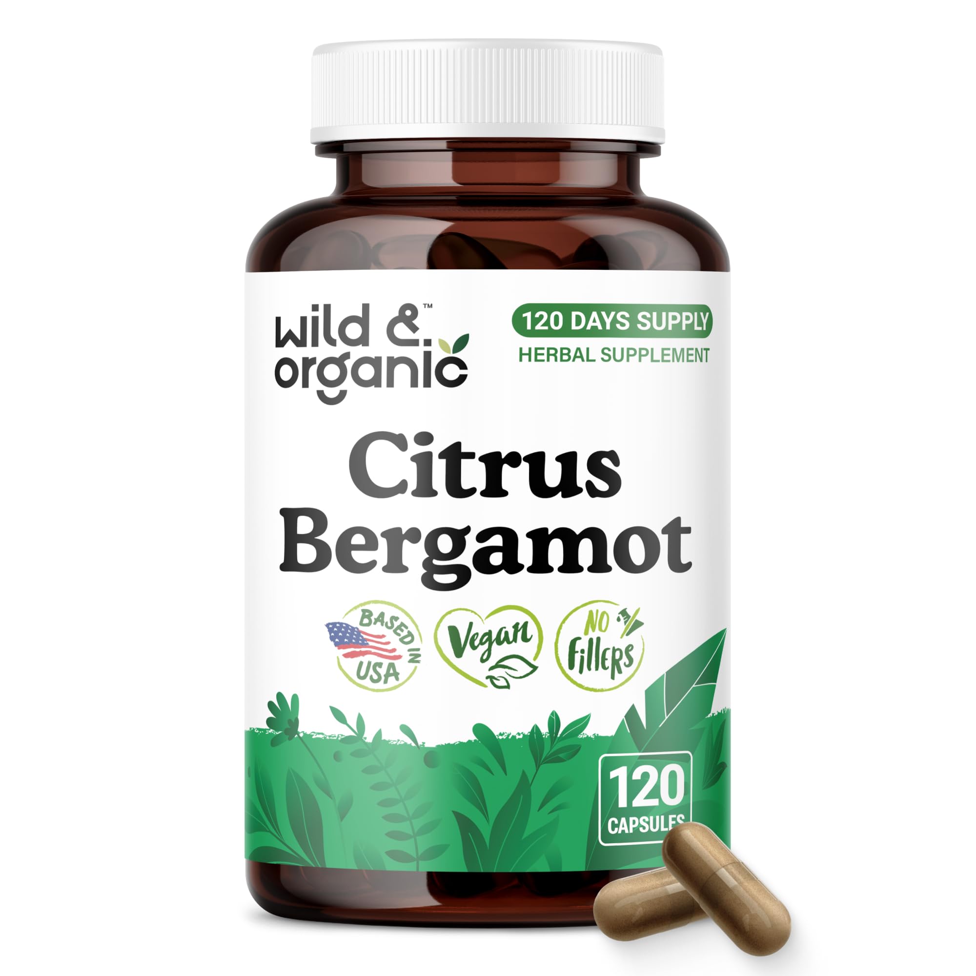 Wild & Organic Citrus Bergamot Capsules - Antioxidant & Overall Support - Citrus Bergamot Supplement - Citrus Bergamia Fruit Extract Powder - Vegan, No Fillers, Non-GMO - 120 Count