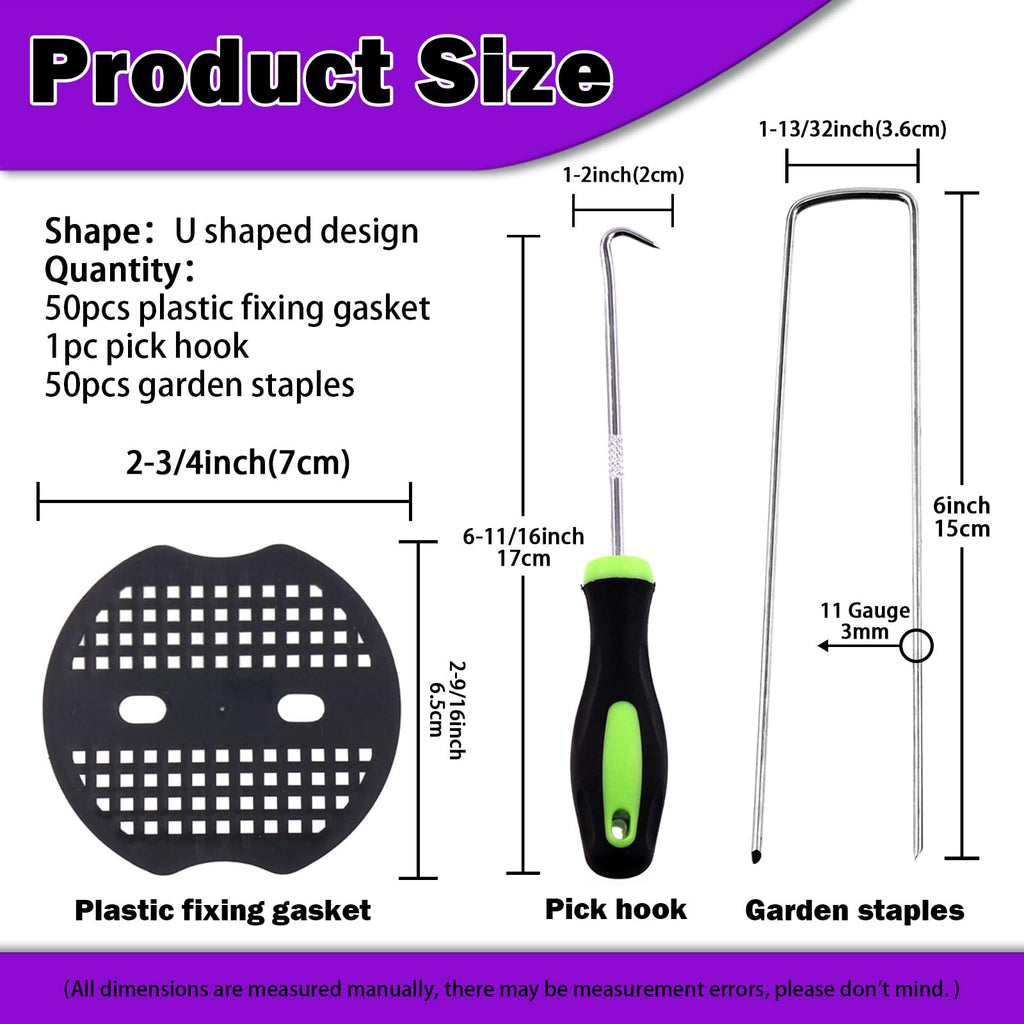 Swpeet 201Pcs U-Shaped Landscape Garden Stakes Staples and Plastic Fixing Gasket with Pick Hook Assortment Kit, Garden Lawn Landscape Staples for Irrigation Hoses, Fixed Fences, Artificial Turf Nails