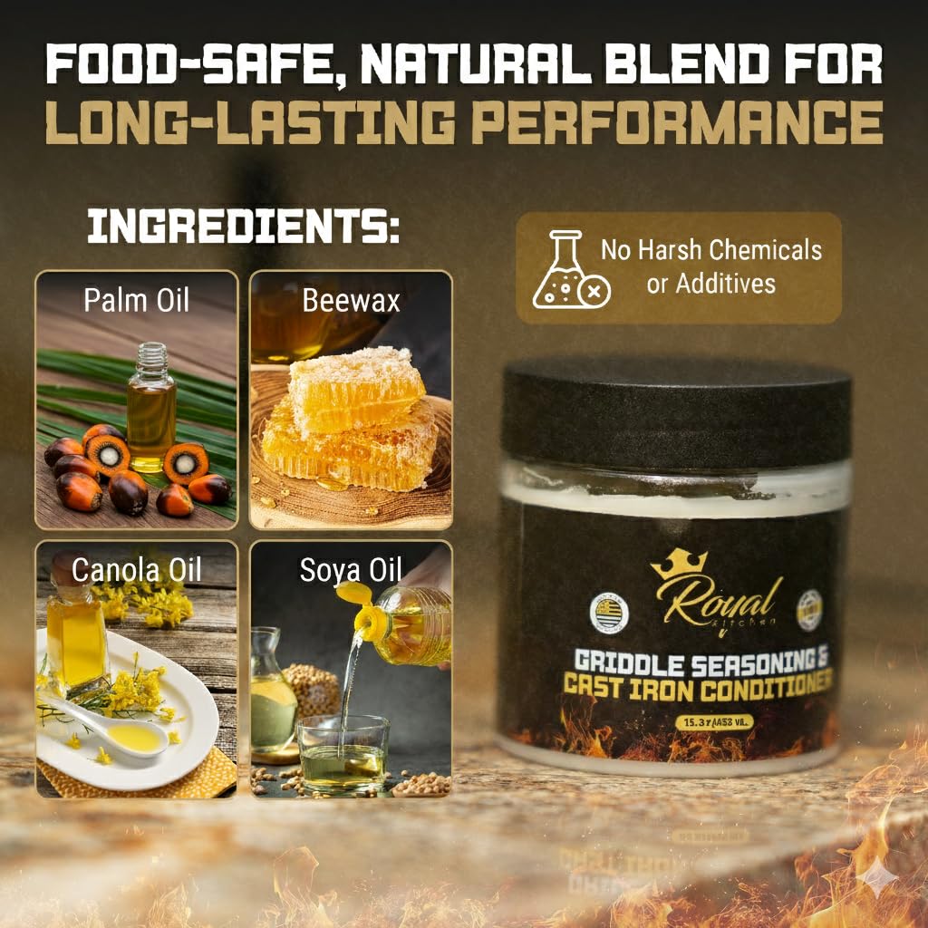 Royal Kitchen Cast Iron & Carbon Steel Seasoning Conditioner 2-IN-1 | Effective For Restoring, Protecting & Conditioning Blackstone Griddle, Cast Iron and Dutch Oven Cookware Food Safe and easy to use conditioner (15.3 Ounce (Pack of 1))
