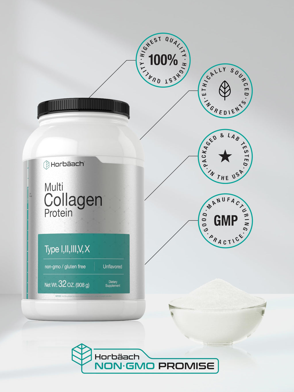 Horbaach Multi Collagen Protein Powder 32 oz | Type I, II, III, V, X | Hydrolyzed Collagen Peptides | Keto & Paleo Friendly | Unflavored & Gluten Free