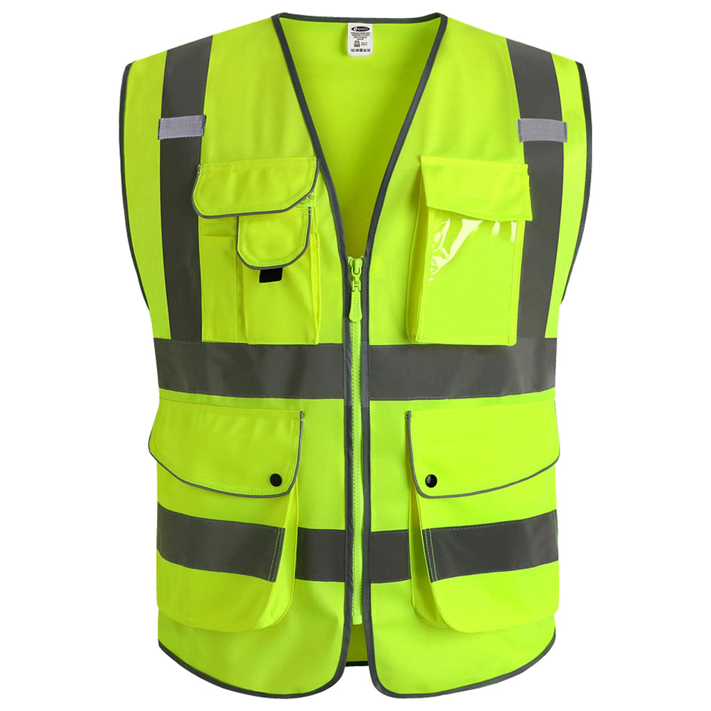 JKSafety 9 Pockets Class 2 High Visibility Zipper Front Safety Vest With Reflective Strips, Yellow Meets ANSI/ISEA Standards (3X-Large-150-Yellow)