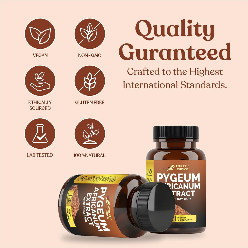 Athletic Choice Pygeum Africanum 500mg Bark Extract, 120 Capsules, Non-GMO & Gluten-Free Extra Strength Pygeum Supplement for Men and Women