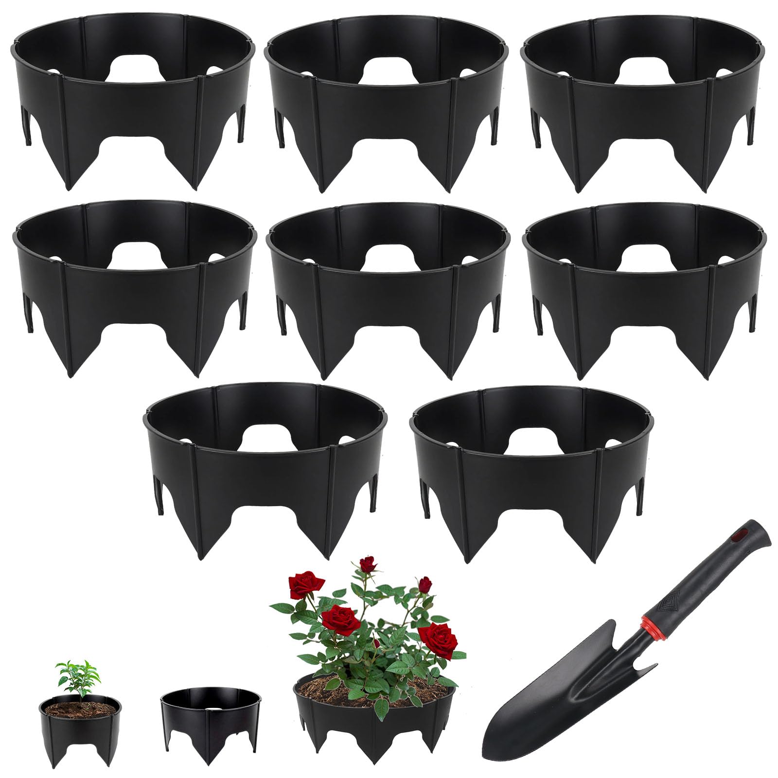 24PCS Planting Grow Rings with Shovel, Diameter Range 8.3-15.7in Adjustable Round Plant Support Garden Circle Ring for Watering Planting Edging Border Ring for Vegetables (24, Black)