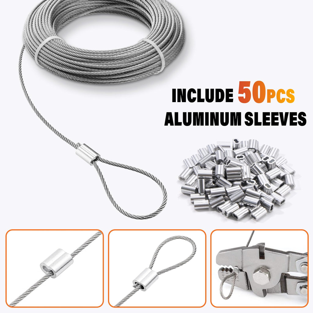 CELYND Stainless Steel Wire Rope - 100FT 1/16" Aircraft Cable with 50Pcs Crimping Sleeves for Outdoor Hanging String Lights Garden Trellis Clothesline DIY Projects