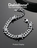 ChainsHouse Barbed Wire Bracelet, Stainless Steel Cuban Link Chain Bracelet for Men Chain Bracelet Hip Hop Rock Jewelry 9MM Width 7.08" Length with 2" Extened Links