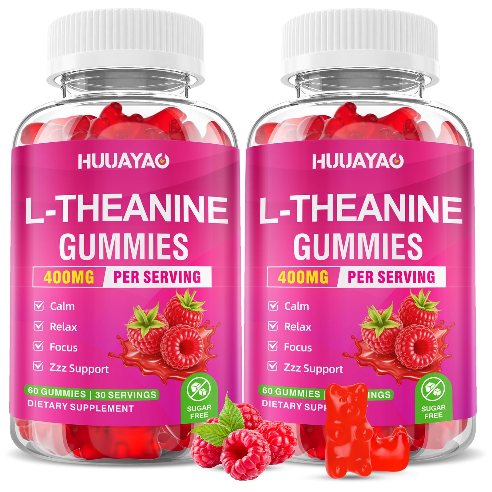 HUUAYAO L-Theanine Gummies 400mg, L-Theanine Supplement for Kids & Adults with Ashwagandha, GABA, 5HTP for Calm, Zzz & Relaxation Support, Raspberry Flavor, 120 Counts