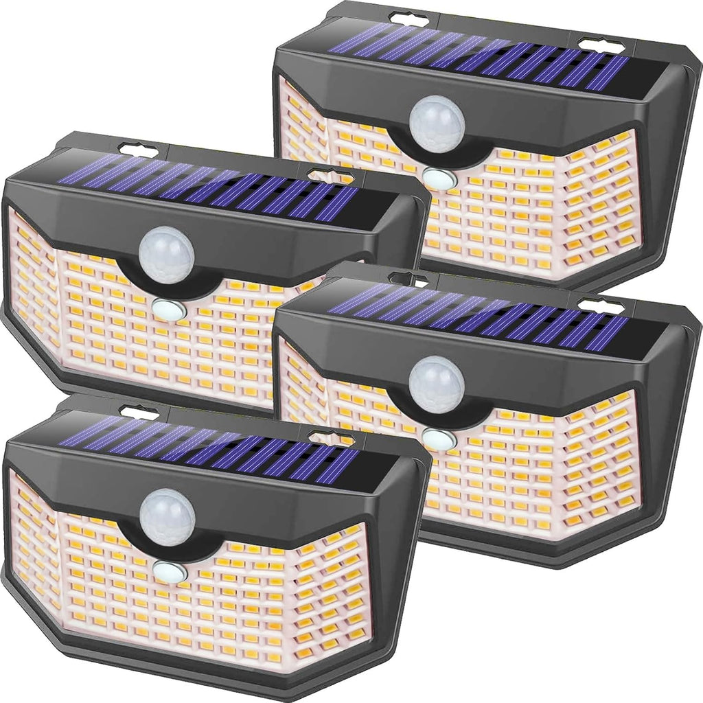 HMCITY 120 LED Outdoor Solar Lights- with Motion Sensor and 3 Lighting Modes, IP65 Waterproof Wide Solar Wall Lights Ideal for Garden Patio Yard (Front Button 4Packs, Black Shell-Warm White)