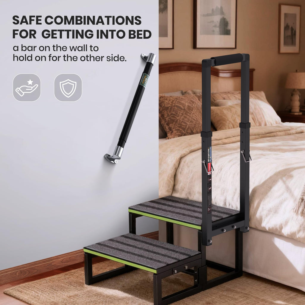 2 Step Stool with Handle for Elderly,Bed Steps for High Beds for Adults,Seniors,Heavy Duty Step Stool with Adjustable Handrail/Removable Cover/Glow Strip for Bathtub,Kitchen,RV